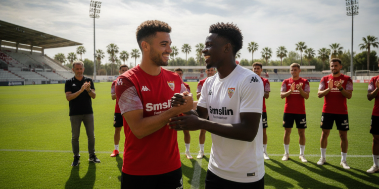 Loïc Badé welcomes Arouna Sangante to Sevilla in Spanish video